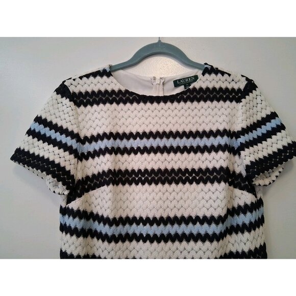 Lauren Ralph Lauren Short Sleeve Chevron Stripe Crochet Knit Dress 10 White Blue - Picture 4 of 10